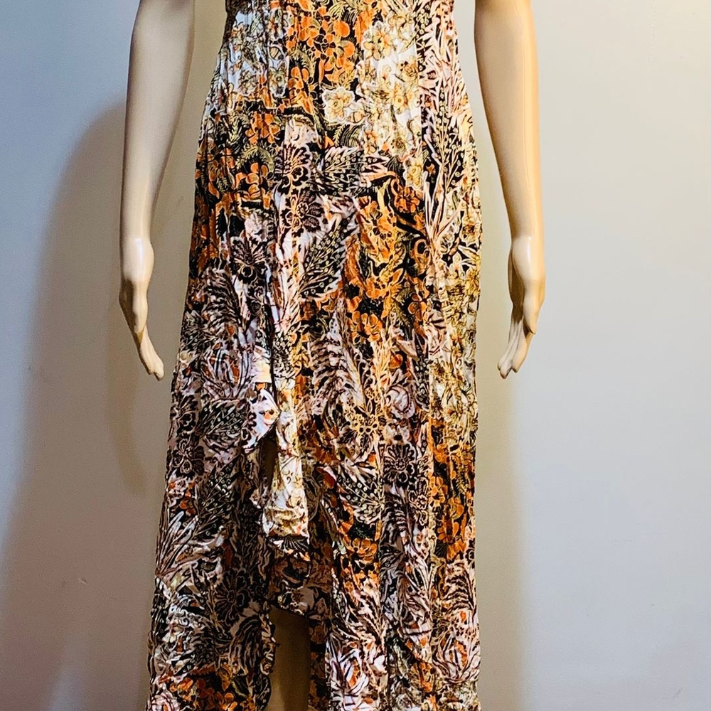 Free People Orange Gold Asymmetrical Sundress Spaghetti Strap - Picture 3 of 9